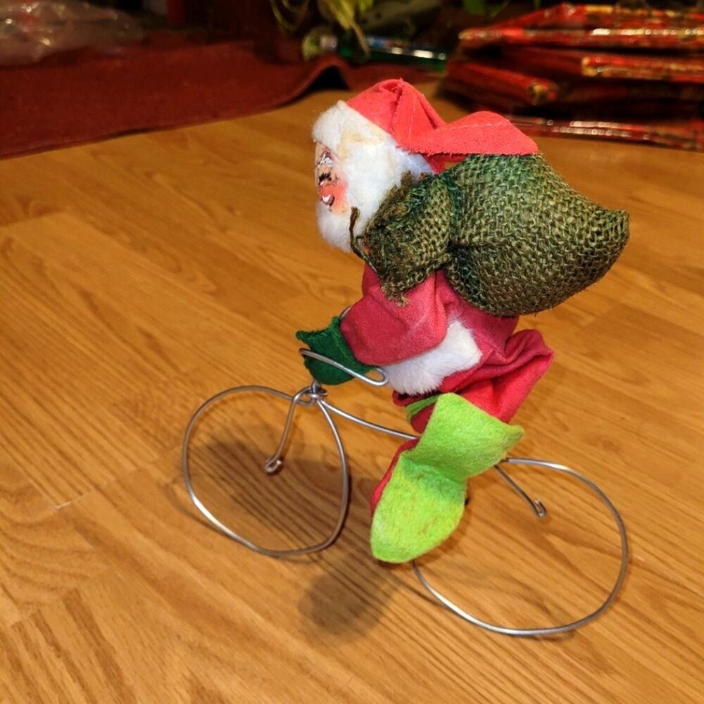 Vintage Annalee Mobiltee Santa On A Bicycle With Sack Of Toys 1971 Made In USA